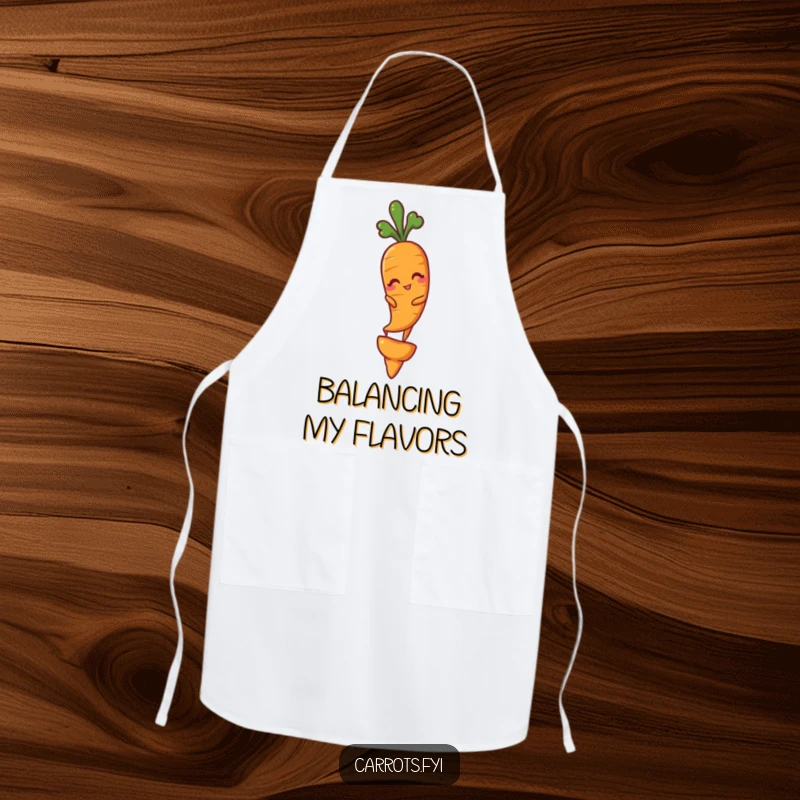 Funny apron design featuring a carrot winking and balancing on its tip, adding playful humor to kitchen wear.