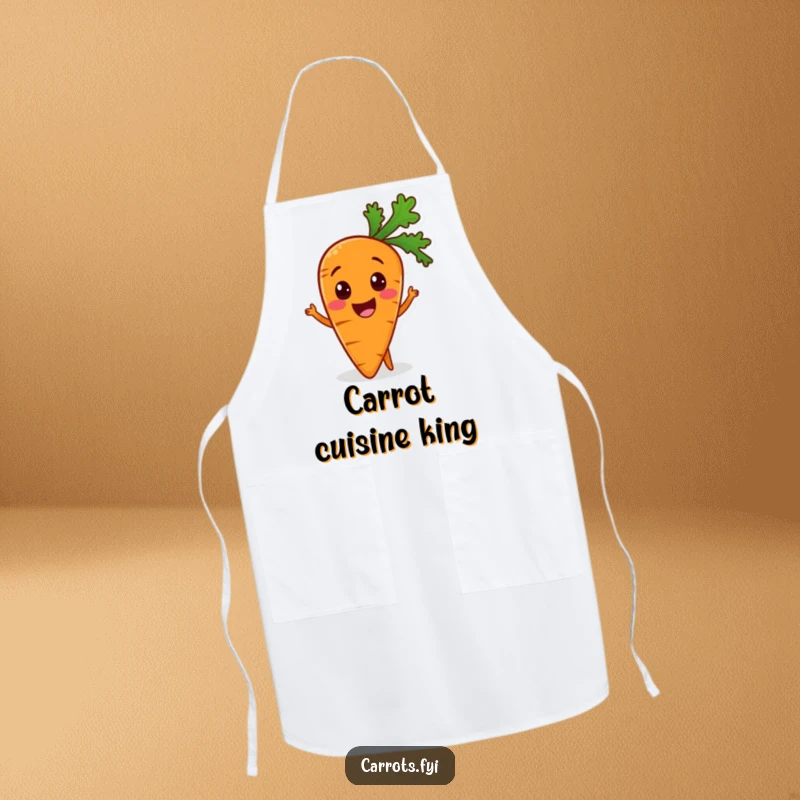 Funny apron showcasing an excited carrot character, ready to be part of a healthy meal, ideal for kitchen fun.