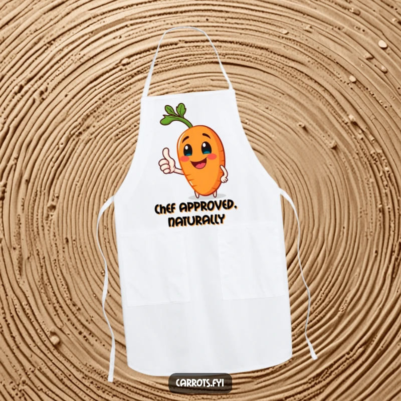 Funny apron with a jolly carrot character giving a healthy thumbs-up, ideal for cheerful cooking and kitchen protection.