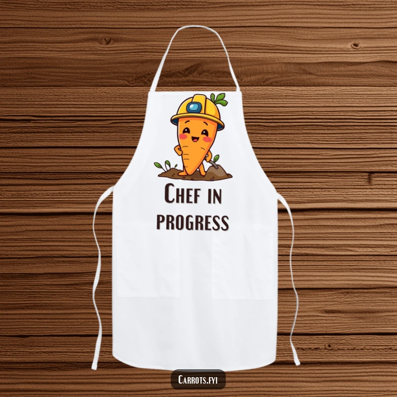 Funny Carrot Apron: A kitchen apron featuring a carrot character wearing a construction helmet and digging playfully.