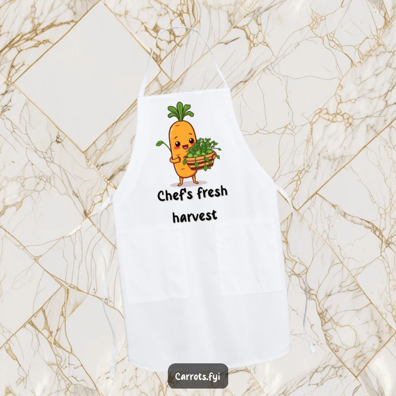 Funny apron featuring a carrot character cheerfully offering a basket of fresh sprouts, perfect for cooking and baking.
