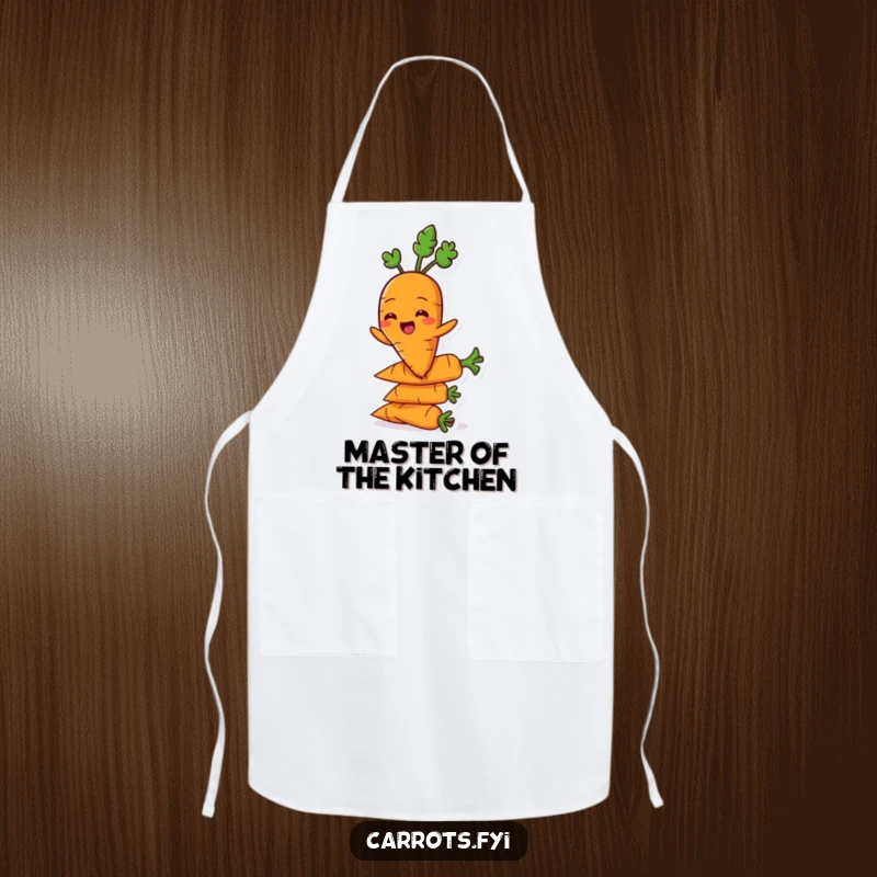 Funny carrot character grinning and balancing on carrots while wearing a kitchen apron, bringing veggie confidence.