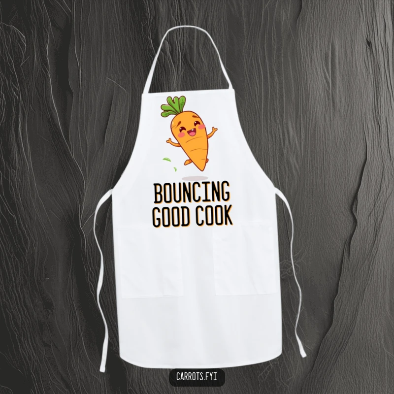 Funny apron with a happy carrot character with a wide grin bouncing playfully, leaving a trail of fresh scent, for kitchen fun.