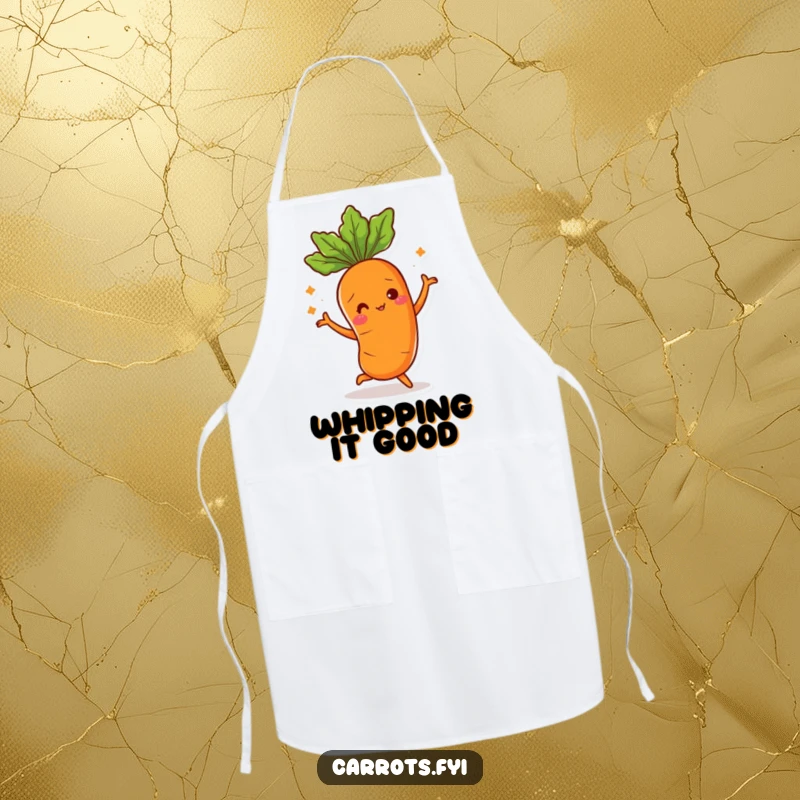 Funny apron featuring a carrot character doing a silly dance, its leafy top moving dynamically, perfect for kitchen activities.