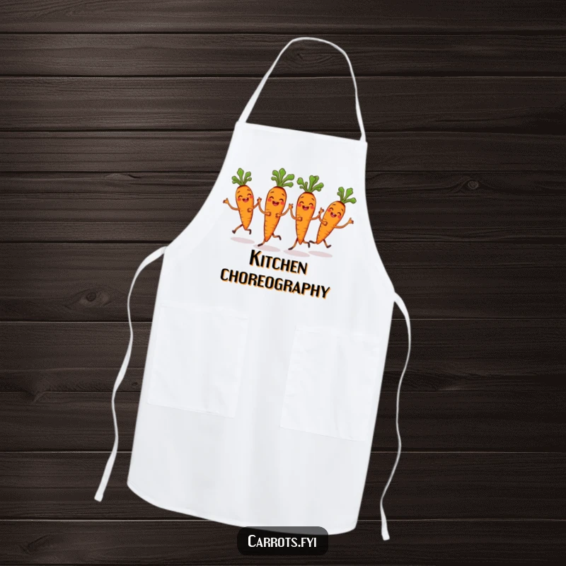 Funny Carrot Bunch Apron with grinning carrots performing a synchronized dance, ideal for kitchen fun and team spirit.