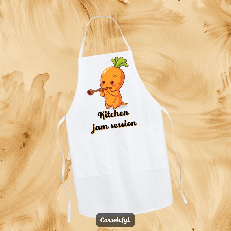 Funny apron showing a happy carrot character playing a flute, ready to add musical flair to any kitchen task.