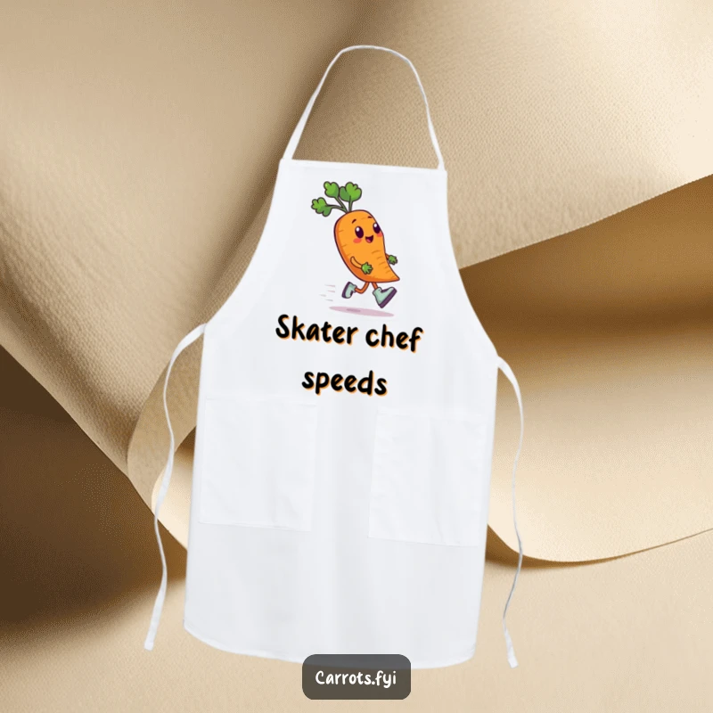 Funny apron showing an anthropomorphic carrot character wearing tiny roller skates and speeding along, perfect for a fun and active kitchen environment.