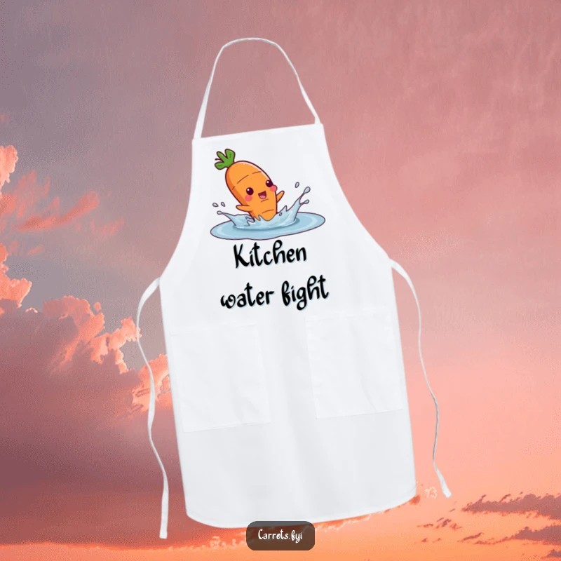 Funny apron showcasing a carrot character happily splashing in a puddle, ready to bring fun to any culinary task.