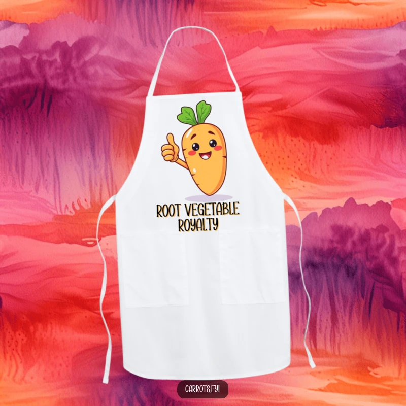 Funny apron designed with a happy anthropomorphic carrot character giving a proud thumbs up, ready for culinary fun.