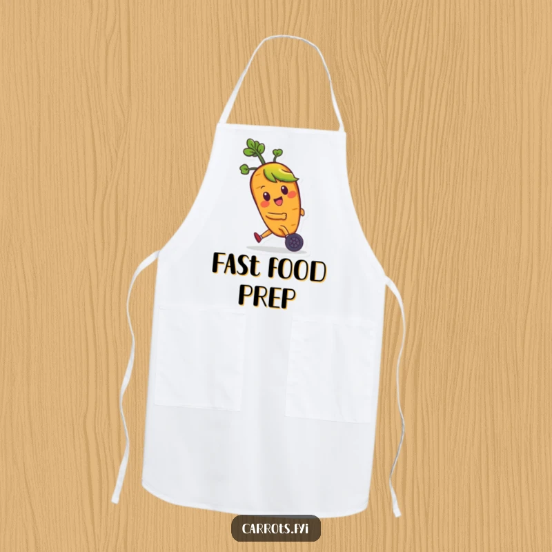 Funny apron with a happy carrot character with green hair zooming on small wheels, ready for kitchen fun and laughter.