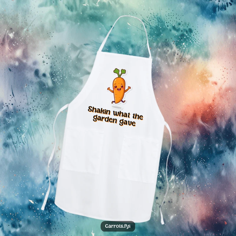 Funny apron showcasing a carrot character doing a happy dance, perfect for adding humor to kitchen duties and protecting clothing.