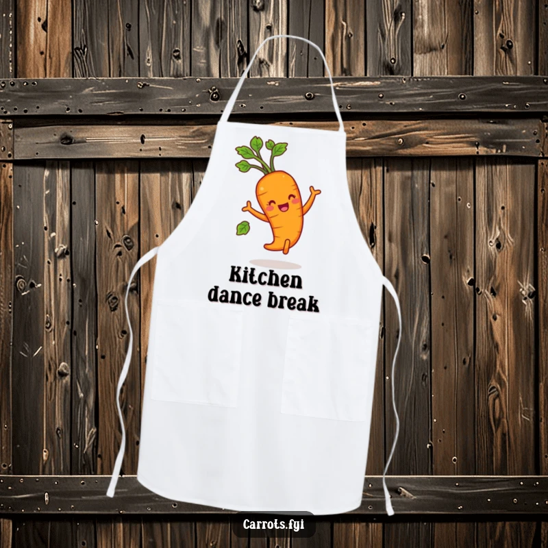 Funny carrot character dancing with leafy greens, a humorous apron for kitchen celebrations.