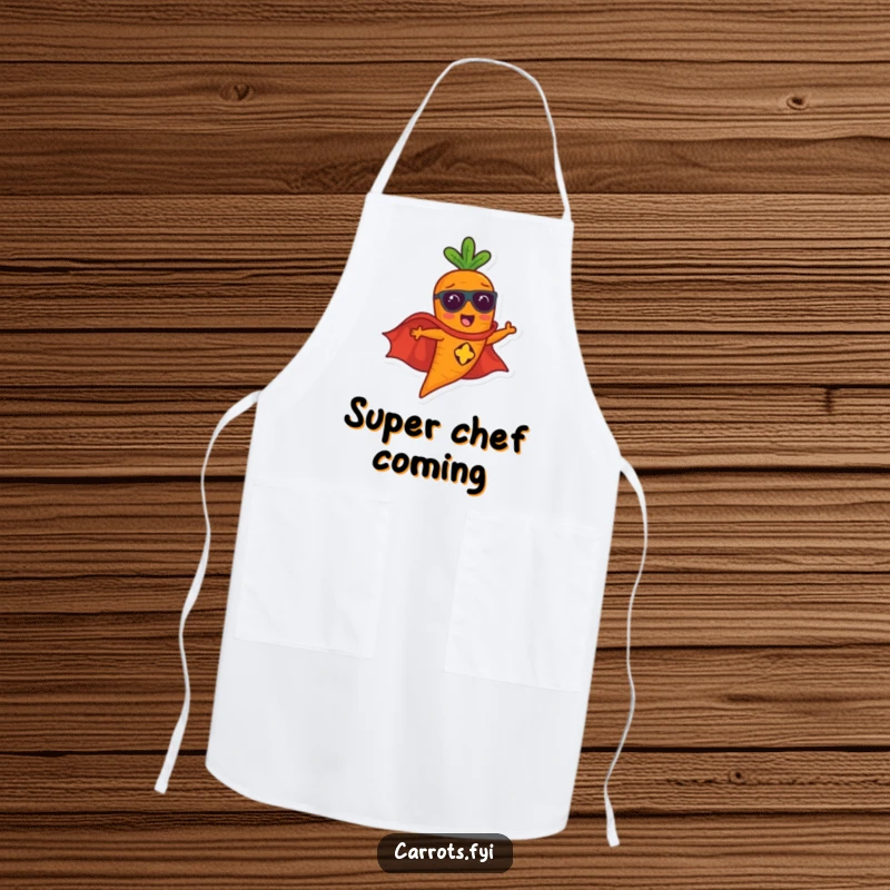 Funny carrot character in a superhero cape flying, a humorous apron for kitchen heroes.
