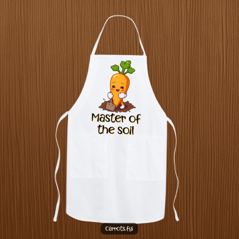 Funny apron showing a carrot character in tiny gloves happily digging in the earth, perfect for gardening or cooking.