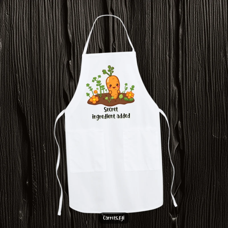 Funny apron with a mischievous carrot character peeking from a garden patch, ideal for cooking with a playful, secretive vibe.