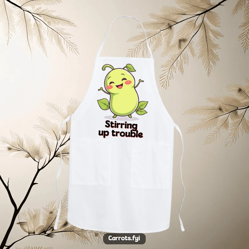 Funny apron adorned with a smiling pea pod character wiggling enthusiastically, perfect for a humorous and lively cooking experience.