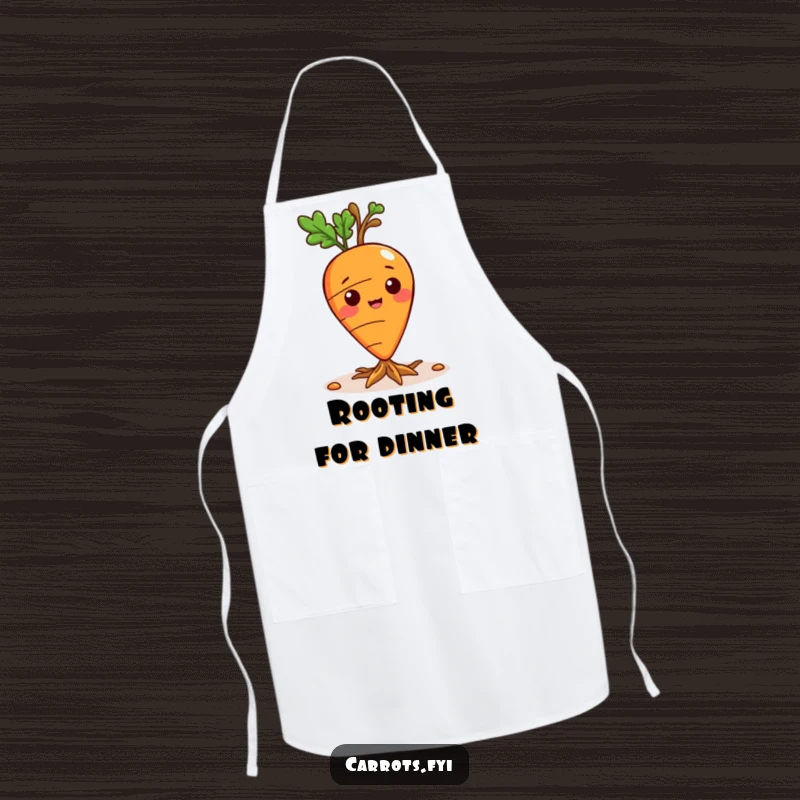 Funny apron showcasing a playful carrot character sprouting tiny roots, designed for creative cooking.
