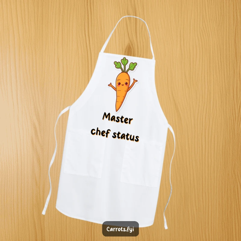 Funny apron showcasing a proud carrot character standing with arms akimbo, ready to cook.