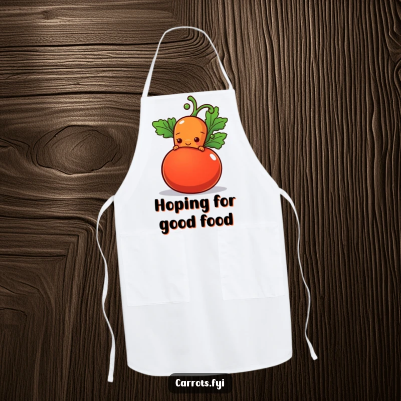 Funny apron with a shy carrot character peeking from behind a plump tomato with a hopeful smile, great for gentle kitchen tasks.