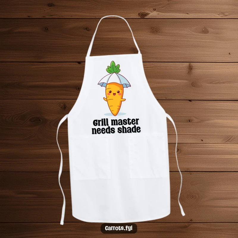Funny Carrot Apron: A cooking apron illustrated with a happy carrot using a tiny umbrella for sun protection, perfect for a cheerful kitchen experience.