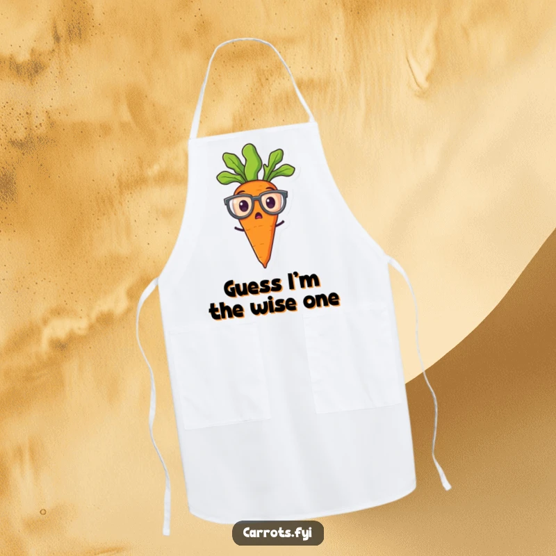 Funny apron displaying a surprised carrot character wearing large spectacles, ideal for kitchen humor.