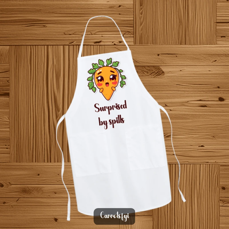 Funny apron showcasing an anthropomorphic carrot character with comically wide, surprised orange eyes, designed for cooks who enjoy humorous reactions.