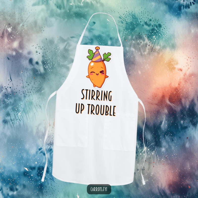 Funny apron for cooking, showing a winking carrot in a party hat, ready to add humor to kitchen tasks.