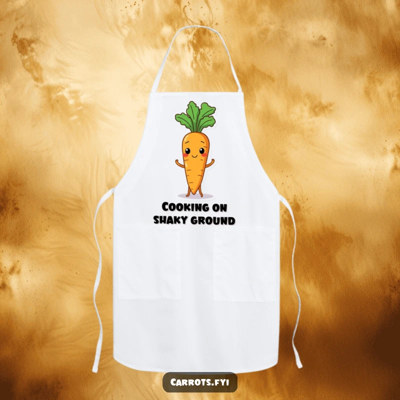 Funny apron featuring a wobbly carrot character attempting to stand, ideal for adding humor to cooking activities.