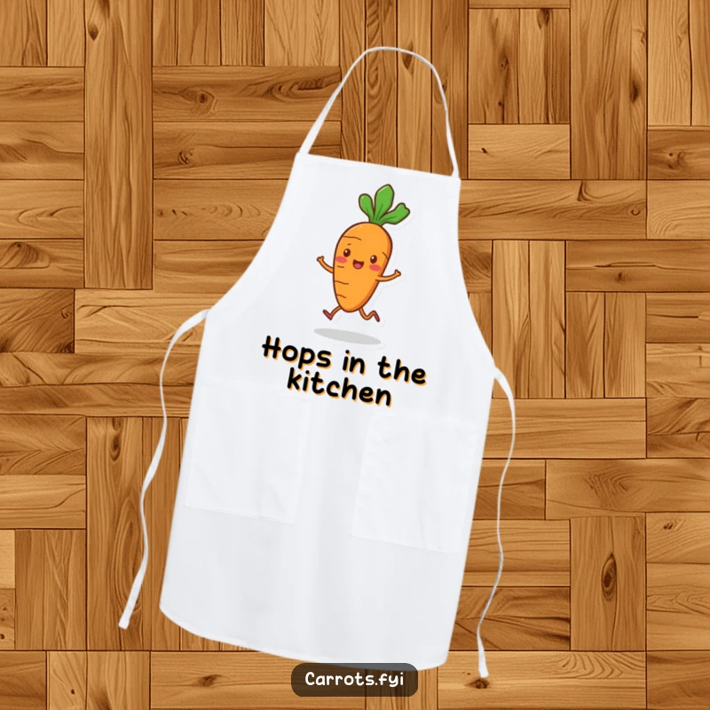Funny playful carrot apron with small legs, hopping merrily, perfect for kitchen tasks with a touch of fun.