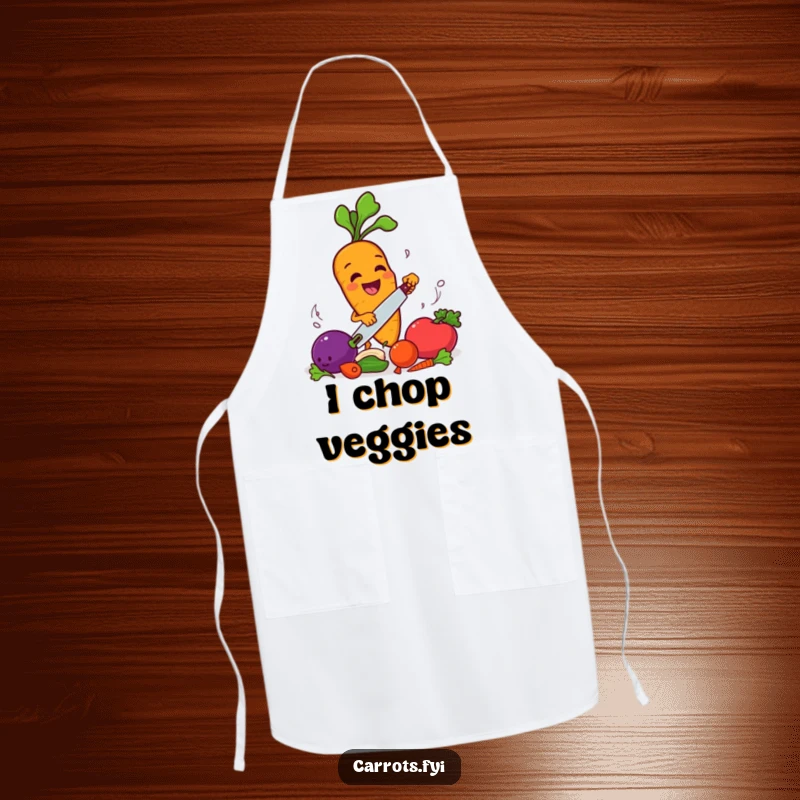 Funny carrot character smiling and chopping other vegetables, a humorous apron for kitchen duties.
