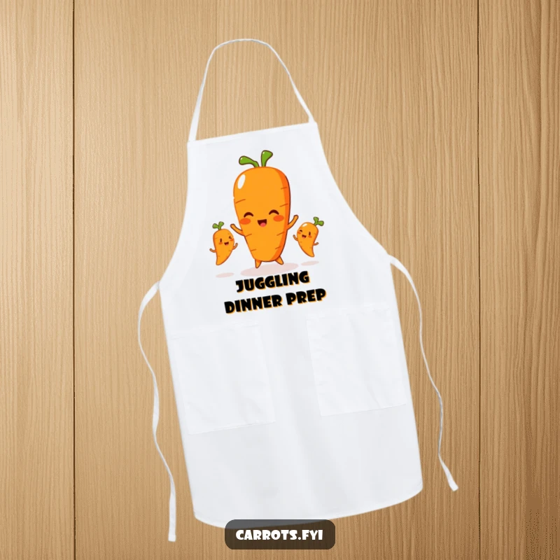 Funny apron with a carrot character playfully juggling three smaller, smiling carrots, great for parents who juggle tasks.