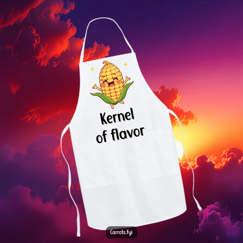 Funny apron adorned with an anthropomorphic corn kernel character spinning joyfully, perfect for a humorous and energetic cooking experience.