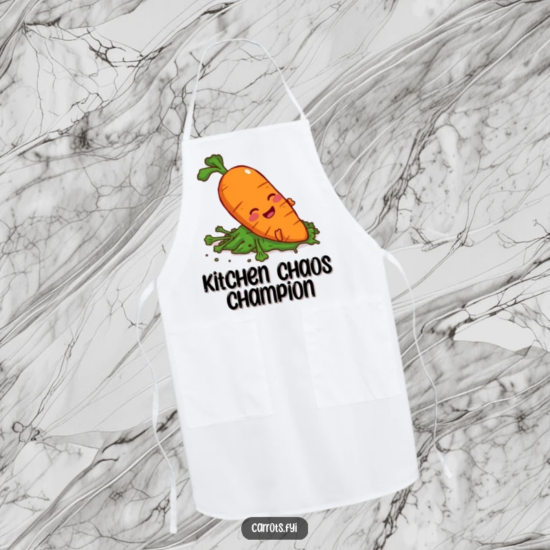 Funny carrot character slipping on greens while wearing a kitchen apron, bringing clumsy humor.