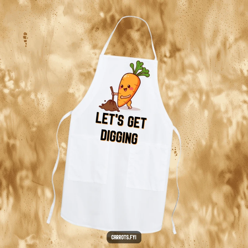 Funny apron depicting an anthropomorphic carrot character in a happy digging motion, ideal for kitchen or garden tasks.