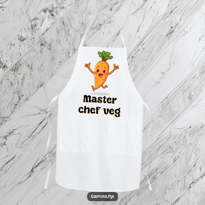 Funny apron displaying a whole carrot character in a victorious stride, ready to conquer the kitchen with cheerful determination and humor.