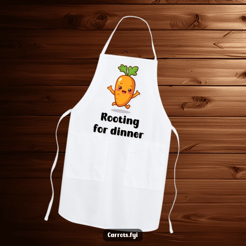 Funny Carrot Apron: A chef apron featuring a happily bouncing carrot character, perfect for a fun cooking experience.