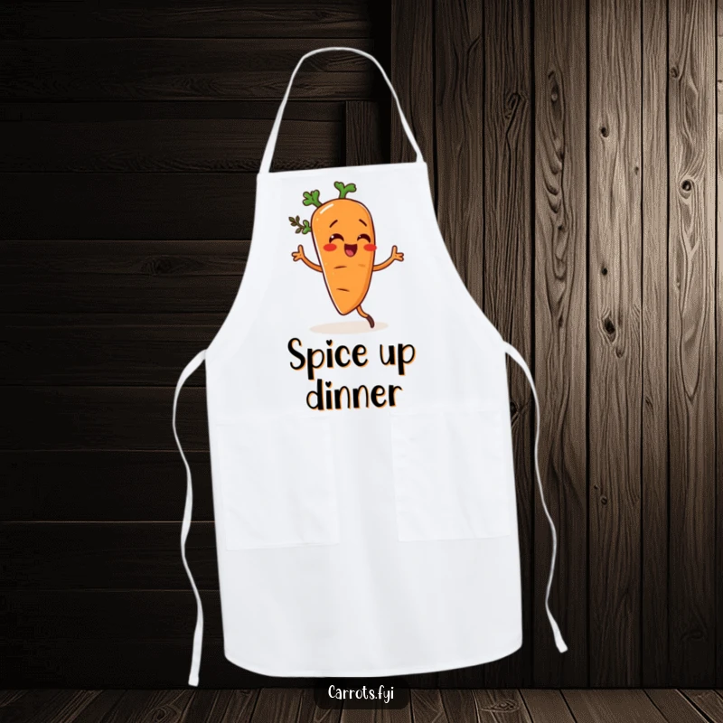 Funny apron showcasing a carrot character doing a silly dance, lightly seasoned with herbs, ready for kitchen fun.
