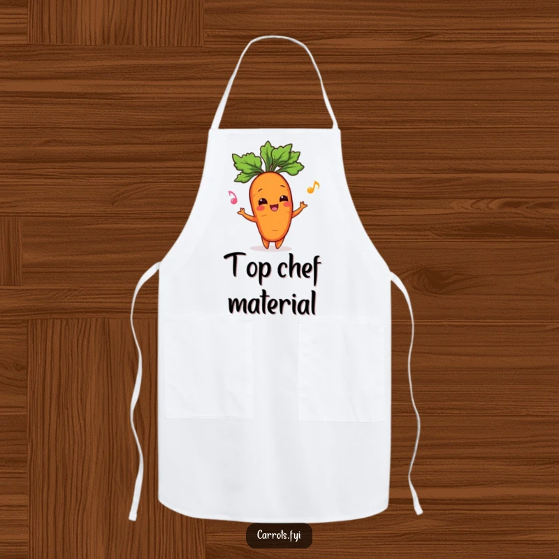 Funny apron showcasing a happy carrot character juggling its leafy green top, perfect for cooking or gardening with a smile.