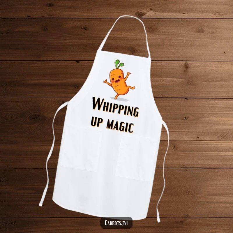 Funny Carrot Apron showcasing a happy carrot character performing a cartwheel, ideal for kitchen fun and protection.