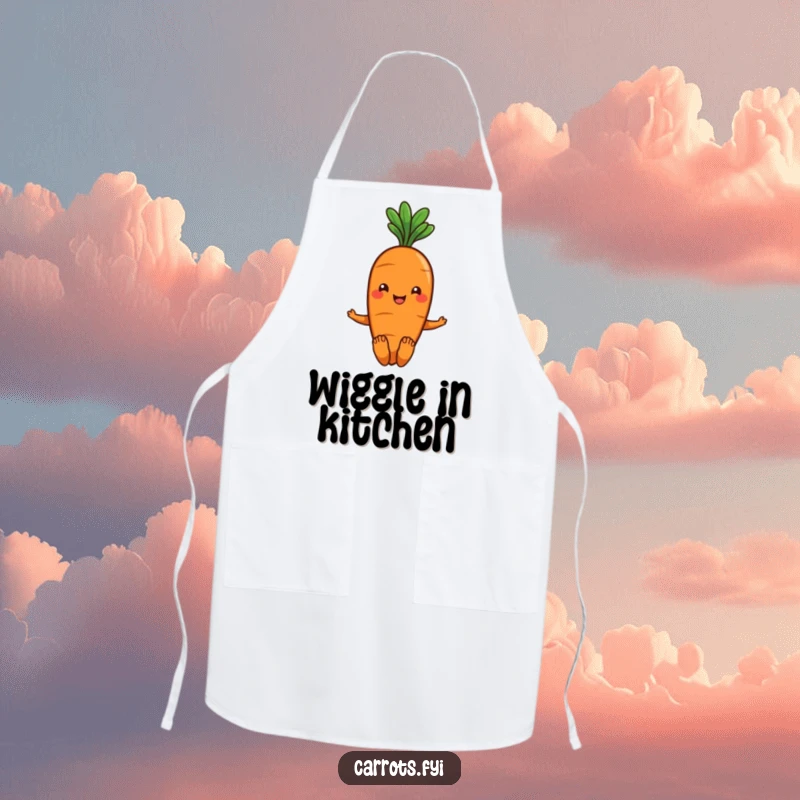 Funny smiling carrot apron with green leafy hair, wiggling its toes, perfect for kitchen tasks with a cheerful twist.