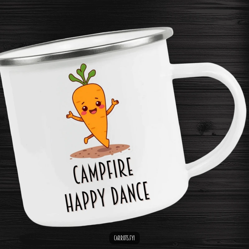 Funny camping mug showing a carrot character doing a happy, bouncy jig with soil flecks flying, perfect for outdoor fun.