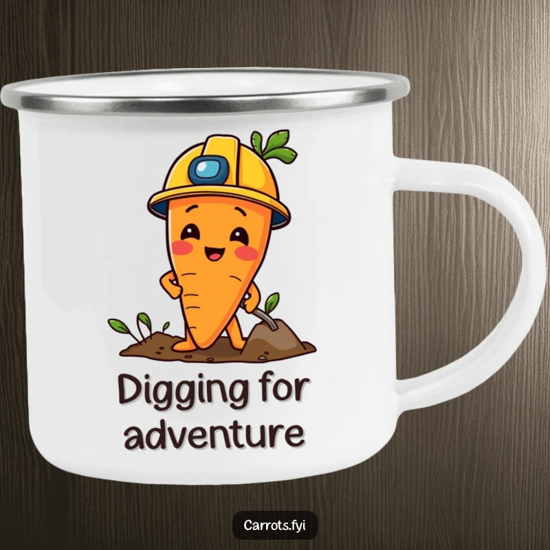Funny Carrot Camping Mug: A durable mug with a carrot character in a construction helmet, playfully digging.