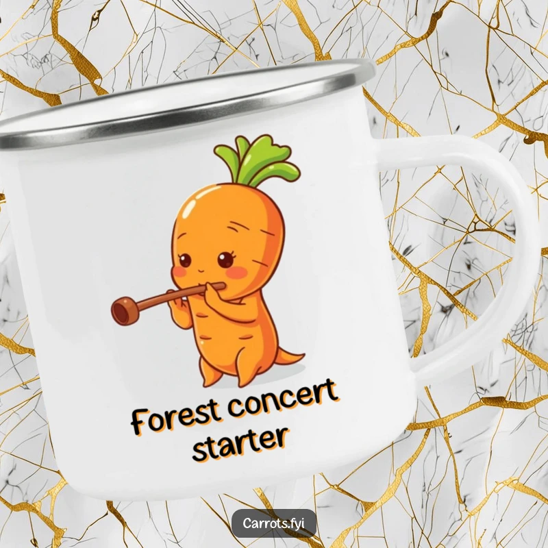 Funny camping mug with a carrot character playing a flute, its hollow stalk adding a whimsical touch to outdoor adventures.