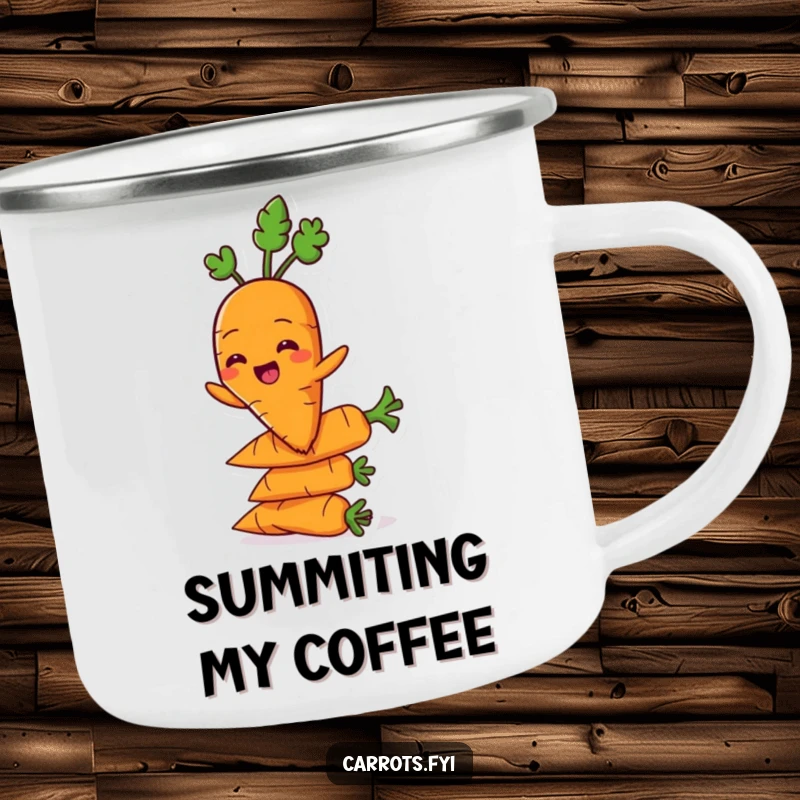 Funny carrot character grinning on a sturdy camping mug while balancing on carrots, perfect for outdoor humor.