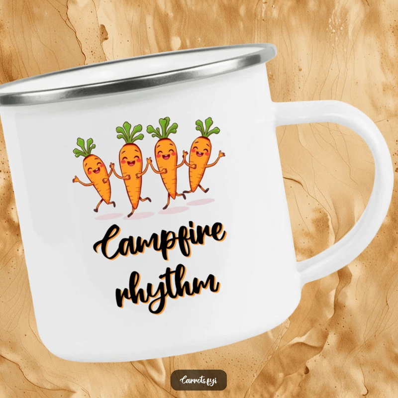 Funny Carrot Bunch Camping Mug with grinning carrots performing a synchronized dance, ready for outdoor enjoyment.