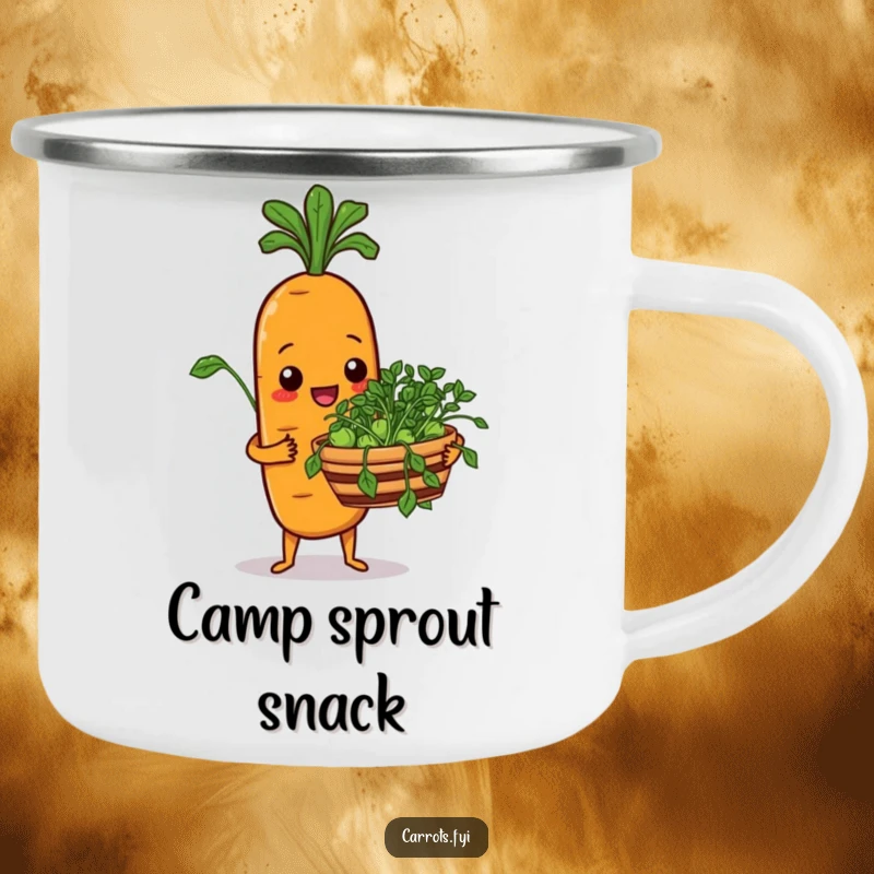 Funny enamel camping mug featuring a carrot character cheerfully offering a basket of fresh sprouts, perfect for outdoor enthusiasts.