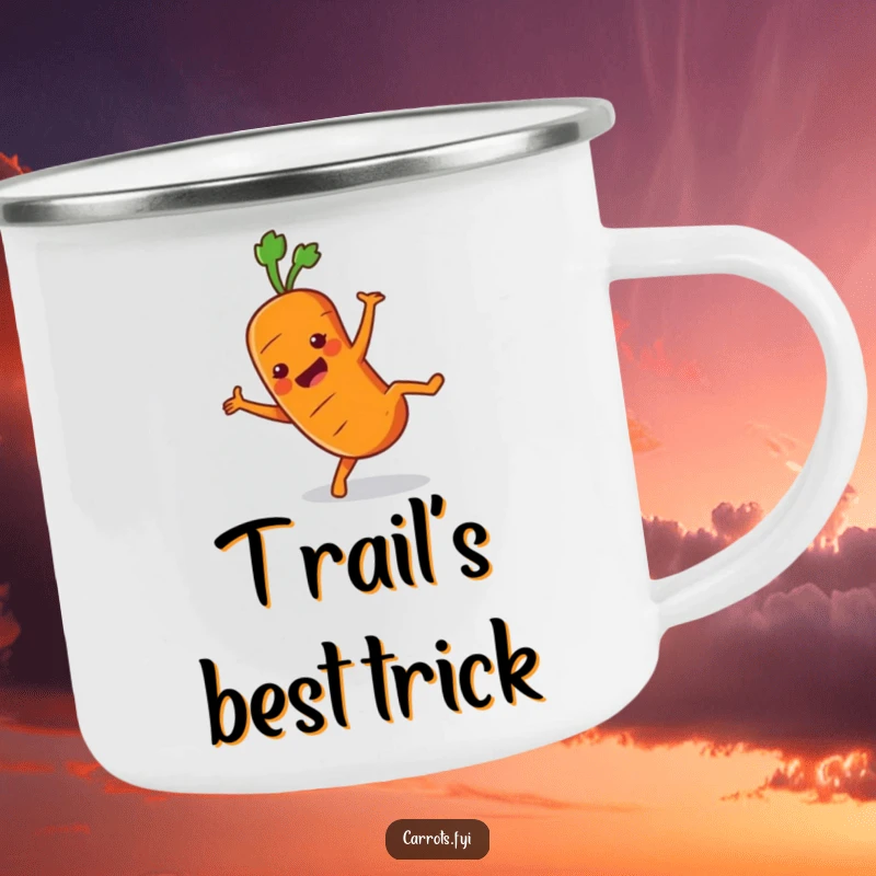 Funny Carrot Camping Mug with an excited carrot character performing a cartwheel, ready for any outdoor escapade.