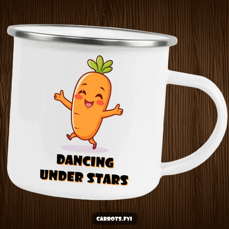 Funny camping mug with a cheerful carrot character doing a happy dance, perfect for outdoor adventures and humorous sipping.