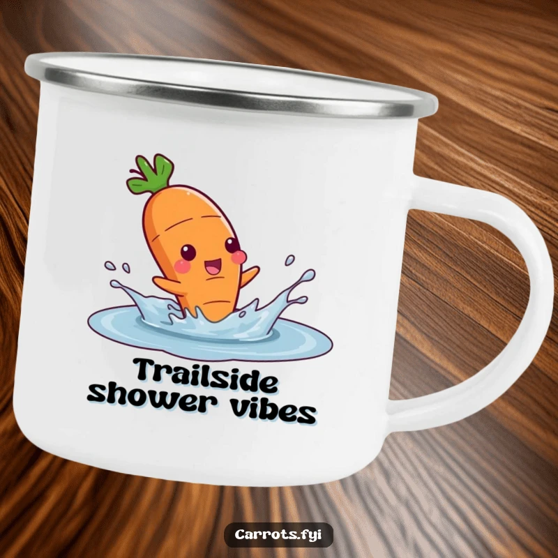 Funny camping mug showing a happy carrot character splashing in a puddle, perfect for outdoor adventures and cheerful mornings.
