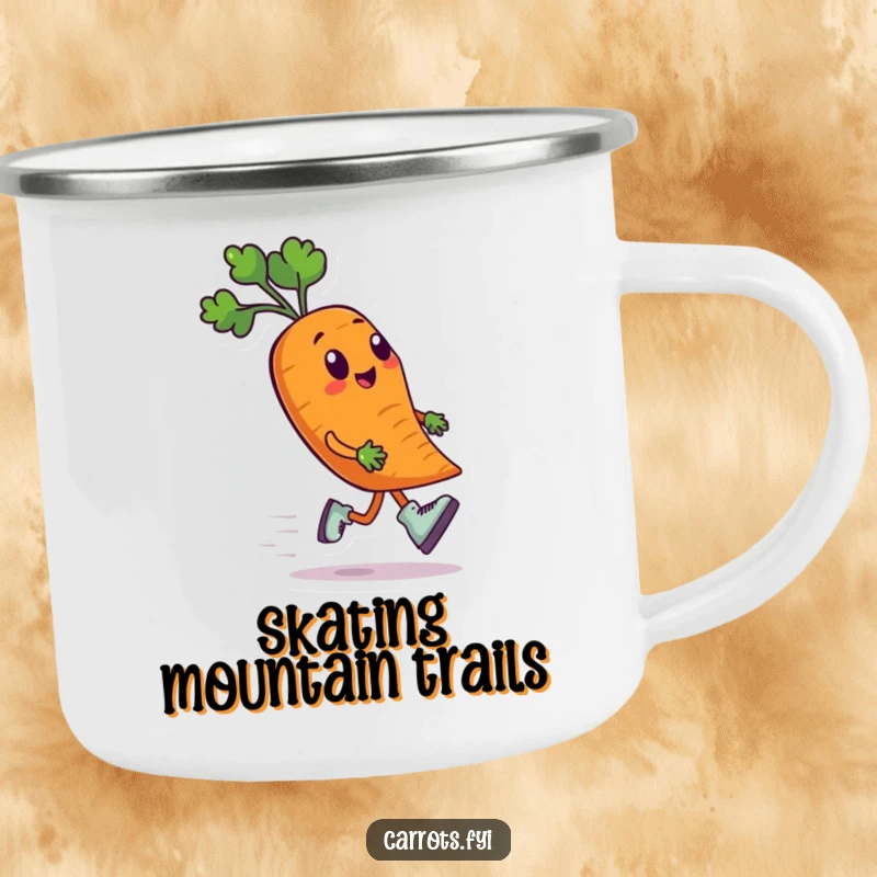 Funny camping mug showing an anthropomorphic carrot character wearing tiny roller skates and speeding along, ready for outdoor fun and quick trips.
